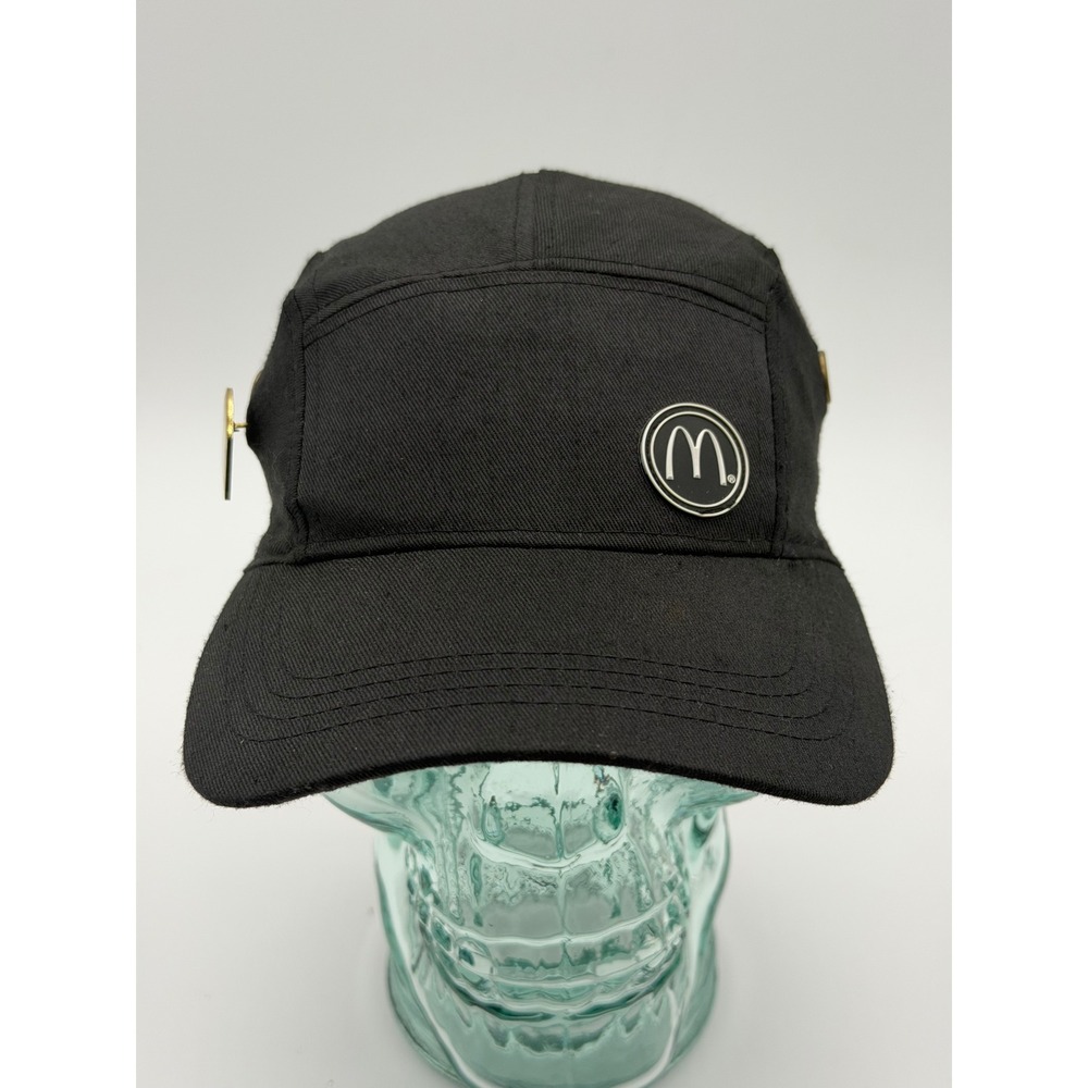 McDonalds Crew Member Hat Black 5 Panel Recycled Fabric Burger W/ Pin Adjustable